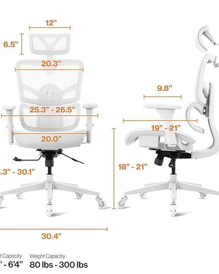 WELLNEW Prestige Ergonomic Office Chair - Height Adjustable Backrest Lumbar Support, Seat Depth Adjust, 3D Headrest, 4D Armrests, Blade Wheels, Mesh Computer Gaming Chairs Executive Swivel Chair - LeafyLoom