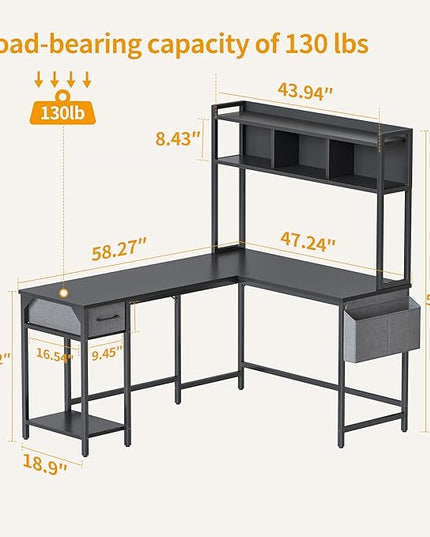 BANTI L Shaped Desk with Hutch, 58 inch Corner Computer Desk with Drawer,Home Office Gaming Table Workstation with Storage Bookshelf, Black - LeafyLoom