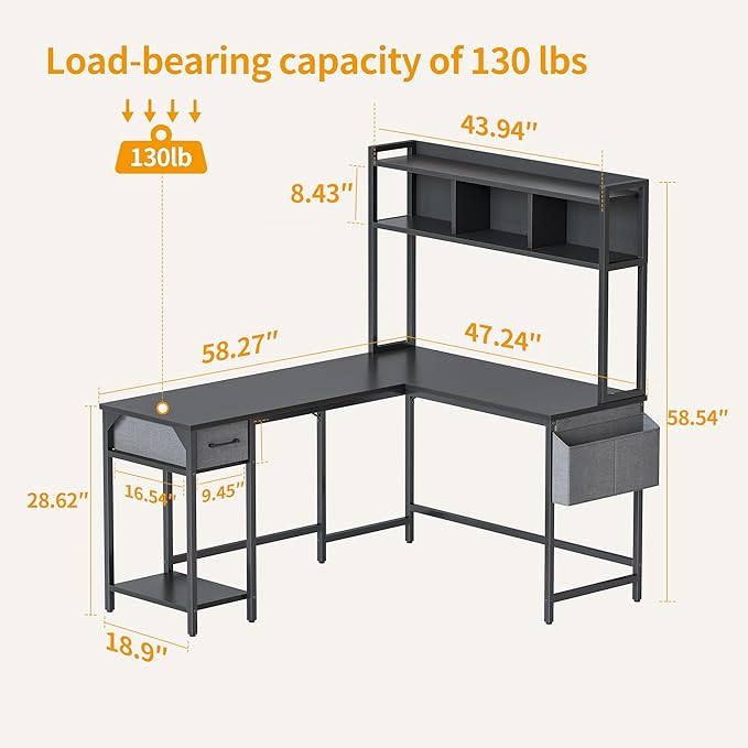 BANTI L Shaped Desk with Hutch, 58 inch Corner Computer Desk with Drawer,Home Office Gaming Table Workstation with Storage Bookshelf, Black - LeafyLoom