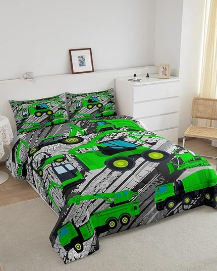 Excavator Down Comforter, Kids Boys Cartoon Car Comforter Set Full, Children Tractor Truck Duvet Sets Girls Construction Vehicle Bulldozer Bedding Set 3 Pieces with 2 Pillow Cases, Green Gray - LeafyLoom
