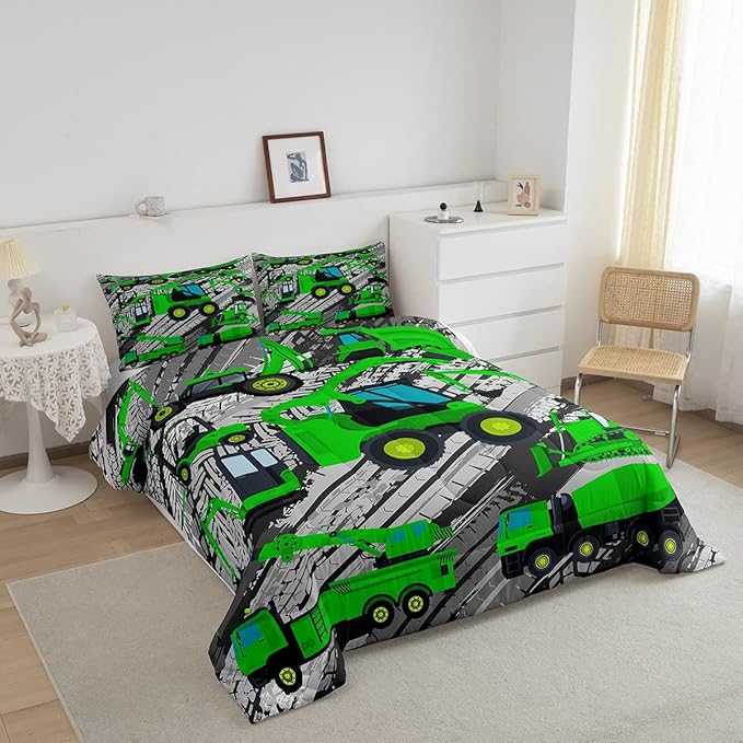Excavator Down Comforter, Kids Boys Cartoon Car Comforter Set Full, Children Tractor Truck Duvet Sets Girls Construction Vehicle Bulldozer Bedding Set 3 Pieces with 2 Pillow Cases, Green Gray - LeafyLoom