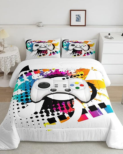 Kids Gaming Comforter Set Twin Gamer Bedding Set, Modern Console Game Controller Duvet Set For Boys Girls Teens, White Gamepad Quilt Set, Tie Dye Colorful Comforter Set Grey White Soft Bedding Set - LeafyLoom