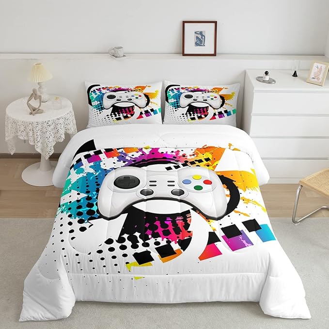 Kids Gaming Comforter Set Full Gamer Bedding Set, Modern Console Game Controller Duvet Set For Boys Girls Teens, White Gamepad Quilt Set, Tie Dye Colorful Comforter Set Grey White Soft Bedding Set - LeafyLoom