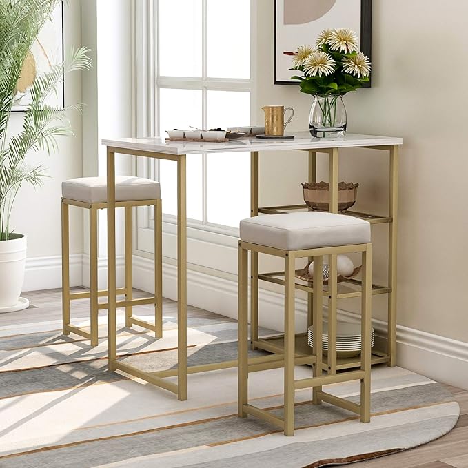 Merax 3-Piece White/Gold Modern Pub Set Counter Height Breakfast Table with 4 Bar Stool for Kitchen Dining Room - LeafyLoom
