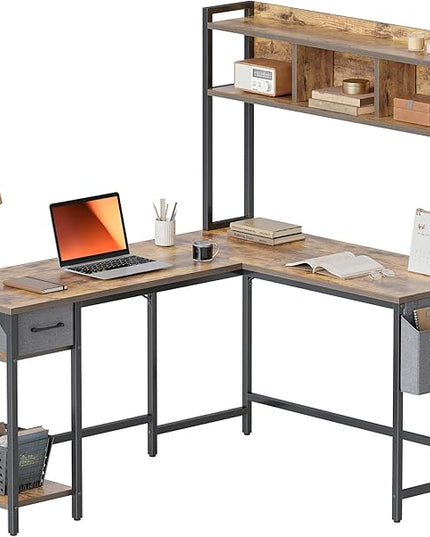 BANTI L Shaped Desk with Hutch, 58 inch Corner Computer Desk with Drawer,Home Office Gaming Table Workstation with Storage Bookshelf, Rustic Brown - LeafyLoom