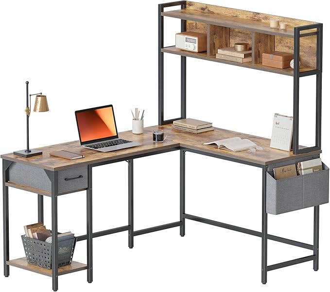 BANTI L Shaped Desk with Hutch, 58 inch Corner Computer Desk with Drawer,Home Office Gaming Table Workstation with Storage Bookshelf, Rustic Brown - LeafyLoom