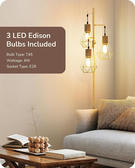EDISHINE Dimmable Industrial Floor Lamp, Farmhouse Standing Lamp for Living Room with 3 LED Edison Bulbs, Diamond-Shaped Cage, Corner Rustic Rattan Reading Lamps for Bedroom, Office, Gold - LeafyLoom