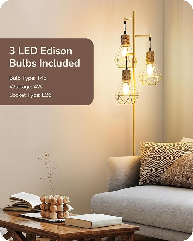 EDISHINE Dimmable Industrial Floor Lamp, Farmhouse Standing Lamp for Living Room with 3 LED Edison Bulbs, Diamond-Shaped Cage, Corner Rustic Rattan Reading Lamps for Bedroom, Office, Gold - LeafyLoom