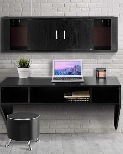 Computer Floating, Home Office Working, 42.5” Laptop Table Writing w/Storage Shelves, Modern Console Media Cabinet Wall Mounted Desk Hutch, Black - LeafyLoom