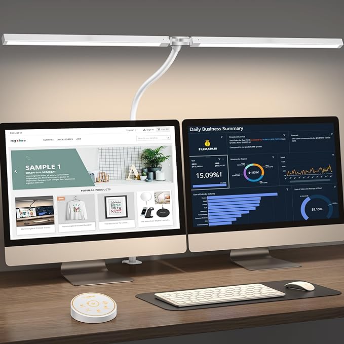 Led Desk Lamp for Office Home - Eye Caring Architect lamp with Clamp,Dual Screen Computer Monitor Gooseneck Smart Light: 24W 5 Color Flexible Adjustable Lighting Table Lamp for Study White - LeafyLoom