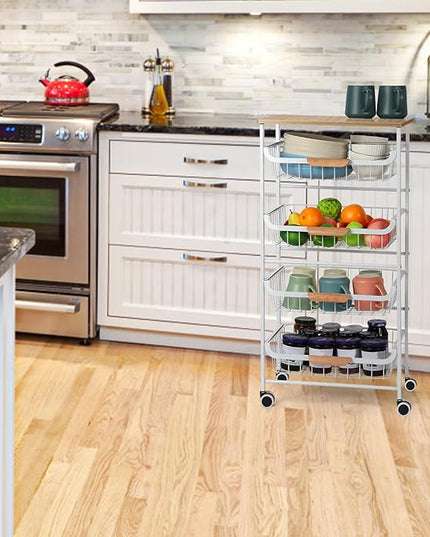 Kitchen Storage Rolling Cart on Wheels, 5 Tier Metal Rolling Utility Cart Mesh Basket Pantry Cart Rack with Wooden Tabletop for Fruit Vegetable Onion Potato Storage, White - LeafyLoom