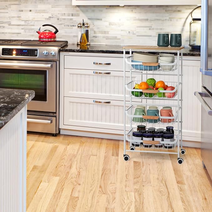 Kitchen Storage Rolling Cart on Wheels, 5 Tier Metal Rolling Utility Cart Mesh Basket Pantry Cart Rack with Wooden Tabletop for Fruit Vegetable Onion Potato Storage, White - LeafyLoom