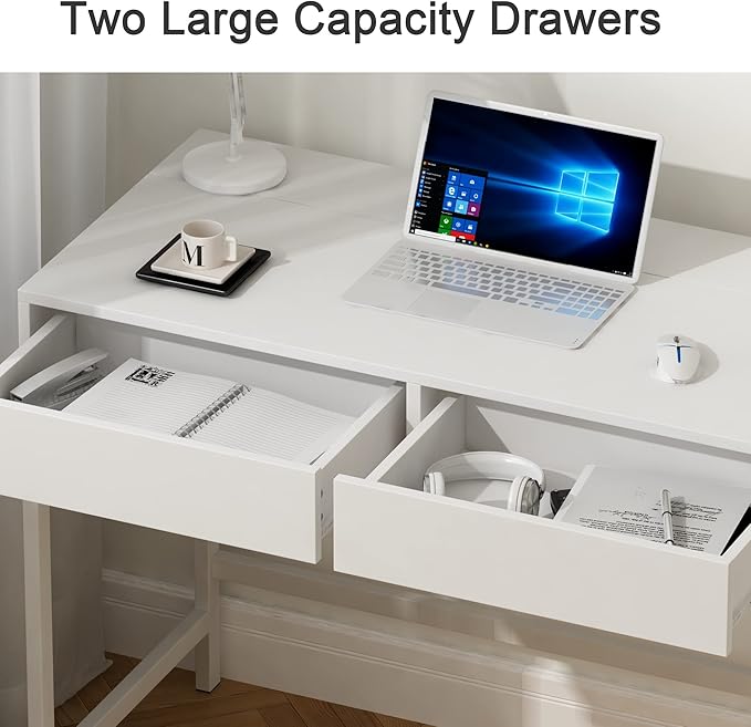 Treocho Computer Desk with USB Charging Ports and Power Outlets, Modern Simple 47 inch White Desk with 2 Drawers, Vanity Desk, Makeup Table for Home Office, Bedroom - LeafyLoom