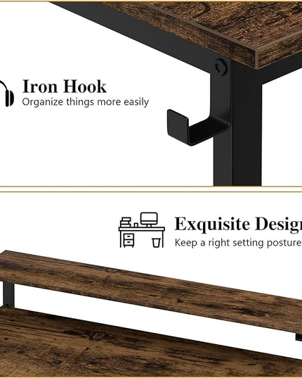 Shintenchi 55 inch Computer Desk with Monitor Stand, Stable Design Writing Desk, Study Workstation Home Office Table with Storage Bag & Hook, Vintage Brown - LeafyLoom