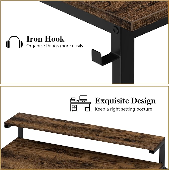 Shintenchi 55 inch Computer Desk with Monitor Stand, Stable Design Writing Desk, Study Workstation Home Office Table with Storage Bag & Hook, Vintage Brown - LeafyLoom