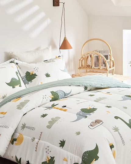 Joyreap Dinosaur Kids Cotton Comforter Set for Boys Girls, Twin Size 3pcs Cotton Bedding Comforter, Fresh Green Dinosaurs on White Design, Skin-friendly Breathable for All Season- 68x88 inches - LeafyLoom