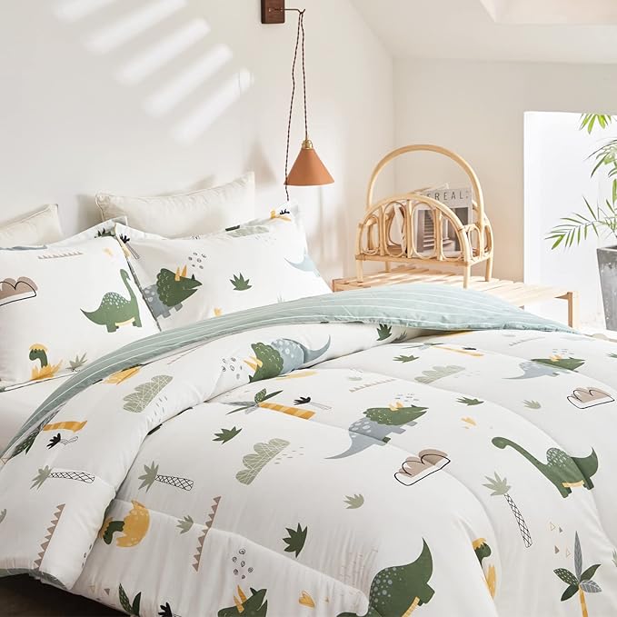 Joyreap Dinosaur Kids Cotton Comforter Set for Boys Girls, Twin Size 3pcs Cotton Bedding Comforter, Fresh Green Dinosaurs on White Design, Skin-friendly Breathable for All Season- 68x88 inches - LeafyLoom