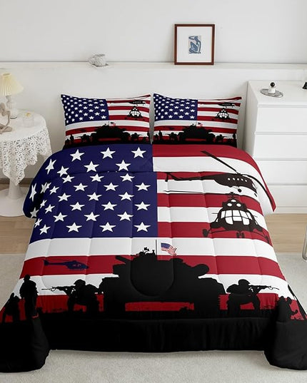 Feelyou American Flag Comforter Set for Girls Kids Boys Men Soldier Rifle Helicopter Tank Bedding Set Red Blue Stars Stripes USA Flag Comforter Room Decor Army Guns Military Down Comforter Twin Size - LeafyLoom