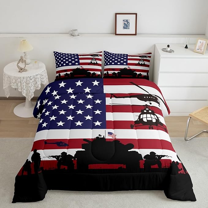 Feelyou American Flag Comforter Set for Girls Kids Boys Men Soldier Rifle Helicopter Tank Bedding Set Red Blue Stars Stripes USA Flag Comforter Room Decor Army Guns Military Down Comforter Twin Size - LeafyLoom