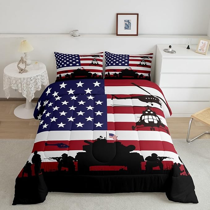 Feelyou American Flag Comforter Set for Girls Kids Boys Men Soldier Rifle Helicopter Tank Bedding Set Red Blue Stars Stripes USA Flag Comforter Room Decor Army Guns Military Down Comforter Queen Size - LeafyLoom