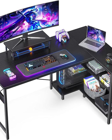 ODK 47 Inch Small L Shaped Computer Desk with Reversible Storage Shelves, L-Shaped Corner Desk with Monitor Stand for Small Space, Modern Simple Writing Study Table for Home Office Workstation, Black - LeafyLoom