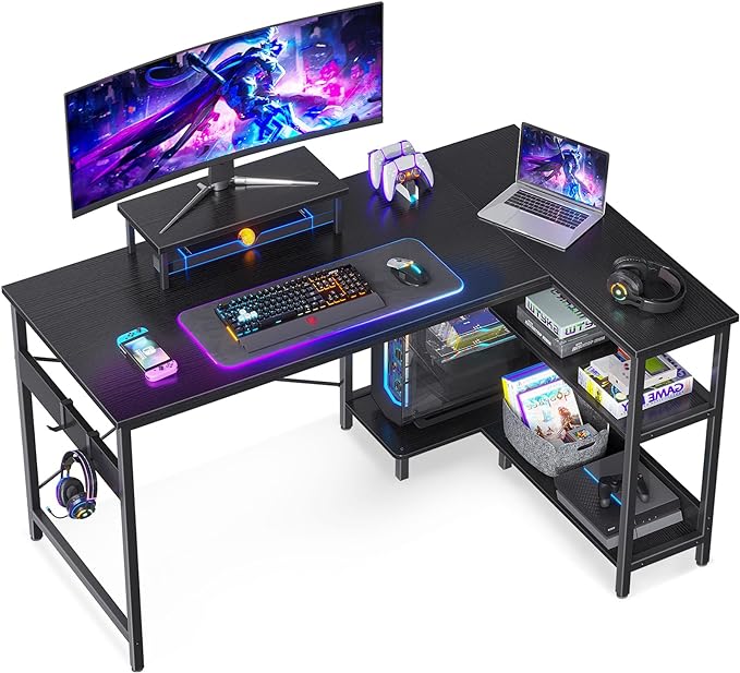 ODK 47 Inch Small L Shaped Computer Desk with Reversible Storage Shelves, L-Shaped Corner Desk with Monitor Stand for Small Space, Modern Simple Writing Study Table for Home Office Workstation, Black - LeafyLoom