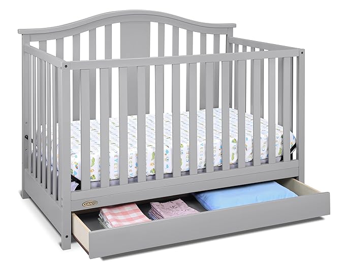 Graco Solano 4-in-1 Convertible Crib with Drawer (Pebble Gray) – GREENGUARD Gold Certified, Crib with Drawer Combo, Includes Full-Size Nursery Storage Drawer, Converts to Toddler Bed and Full-Size Bed - LeafyLoom