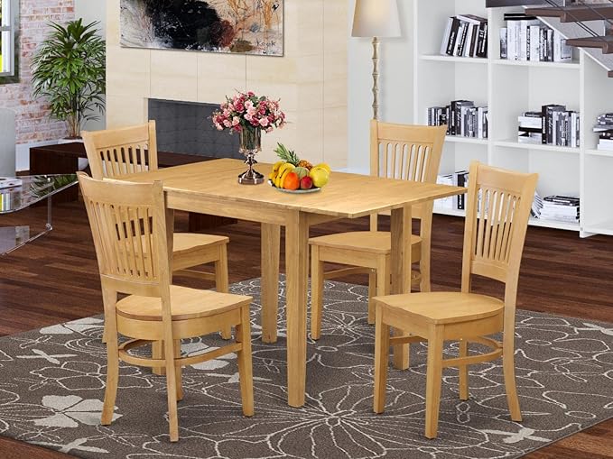 East West Furniture Norden 5 Piece Room Furniture Set includes a Rectangle Dining Table with Dropleaf and 4 Wood Seat Chairs, 30x48 Inch, Oak - LeafyLoom
