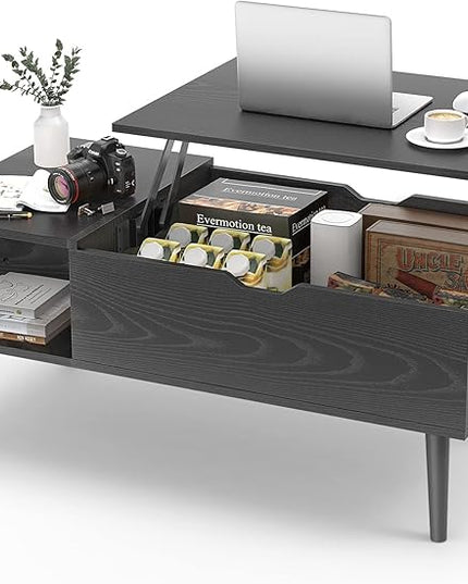 Sweetcrispy Coffee Table Black, Lift Top Coffee Tables for Living Room, Small Rising Wooden Dining Center Tables with Storage Shelf and Hidden Compartment - LeafyLoom