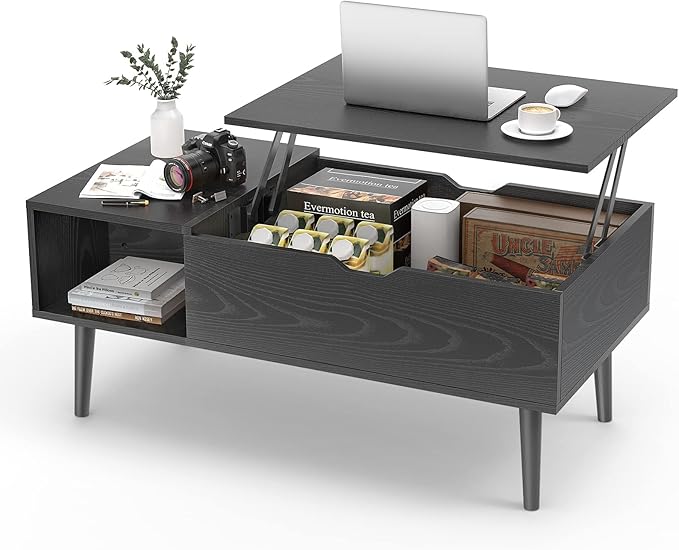 Sweetcrispy Coffee Table Black, Lift Top Coffee Tables for Living Room, Small Rising Wooden Dining Center Tables with Storage Shelf and Hidden Compartment - LeafyLoom