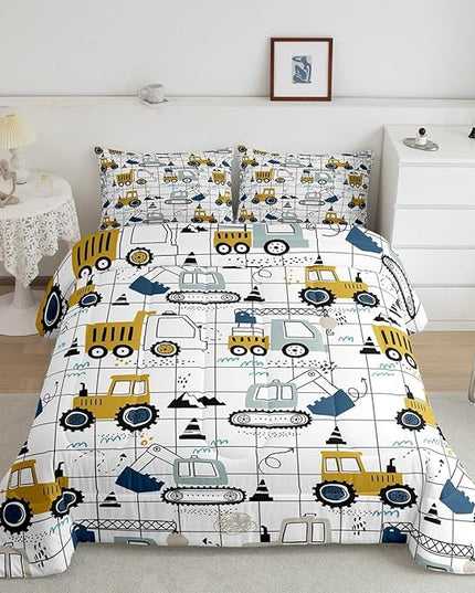 Construction Comforter Set Full Size Kids Excavator Tractor Toddler Comforter Cartoon Car Equipment Trucks Plaid Grid Comforter Set Construction Vehicles White Yellow Duvet Set - LeafyLoom