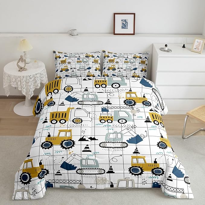 Construction Comforter Set Full Size Kids Excavator Tractor Toddler Comforter Cartoon Car Equipment Trucks Plaid Grid Comforter Set Construction Vehicles White Yellow Duvet Set - LeafyLoom