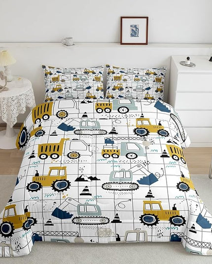 Feelyou Construction Comforter Set King Size Kids Excavator Tractor Toddler Comforter Cartoon Car Equipment Trucks Plaid Grid Comforter Set Construction Vehicles White Yellow Duvet Set - LeafyLoom