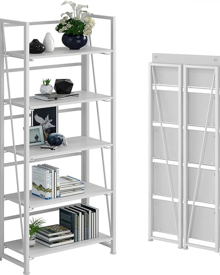 No-Assembly Folding Bookshelf Storage Shelves 5 Tiers Vintage Multifunctional Plant Flower Stand Storage Rack Shelves Bookcase for Home Office(All White) - LeafyLoom
