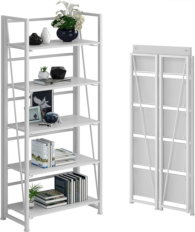 No-Assembly Folding Bookshelf Storage Shelves 5 Tiers Vintage Multifunctional Plant Flower Stand Storage Rack Shelves Bookcase for Home Office(All White) - LeafyLoom