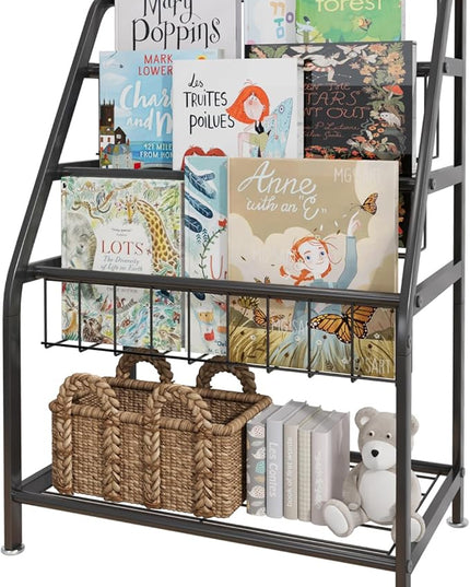Kids Bookshelf Freestanding for Children Room 18 Inches Black Metal Bookcase Large Capacity Books Toys Organizer Stable 5 Tiers Kids Book Rack for Playroom Bookstore Library. - LeafyLoom