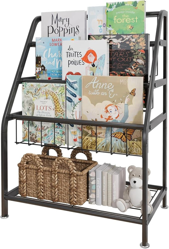 Kids Bookshelf Freestanding for Children Room 18 Inches Black Metal Bookcase Large Capacity Books Toys Organizer Stable 5 Tiers Kids Book Rack for Playroom Bookstore Library. - LeafyLoom