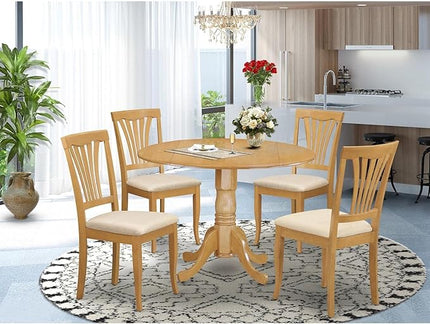 East West Furniture DLAV5-OAK-C 5 Piece Kitchen Table & Chairs Set Includes a Round Dining Table with Dropleaf and 4 Linen Fabric Dining Room Chairs, 42x42 Inch, Oak - LeafyLoom