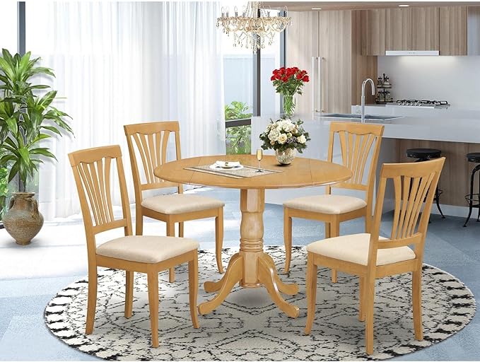 East West Furniture DLAV5-OAK-C 5 Piece Kitchen Table & Chairs Set Includes a Round Dining Table with Dropleaf and 4 Linen Fabric Dining Room Chairs, 42x42 Inch, Oak - LeafyLoom
