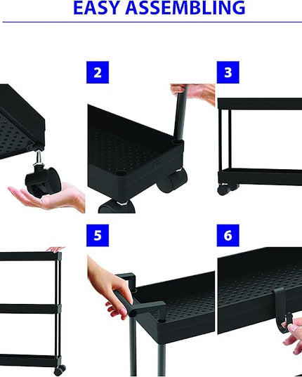 Simple Houseware 3-Tier Slim/Super Narrow Kitchen Cart with Handle, hooks and storage with shelves, Black - LeafyLoom