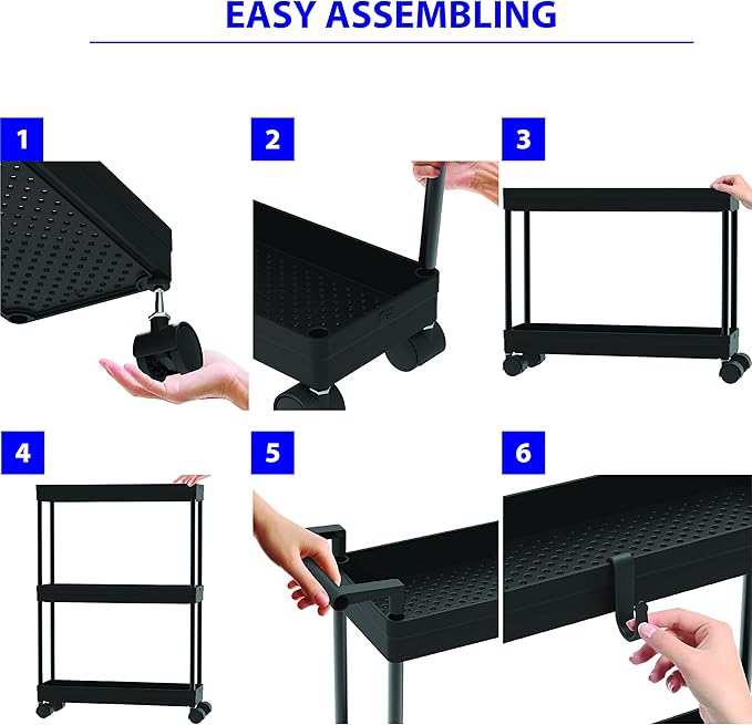 Simple Houseware 3-Tier Slim/Super Narrow Kitchen Cart with Handle, hooks and storage with shelves, Black - LeafyLoom