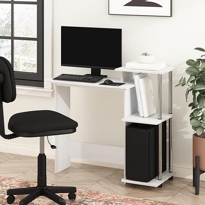 Furinno Efficient Home Laptop Notebook Computer Desk with Square Shelves, Side, White Oak/Chrome - LeafyLoom