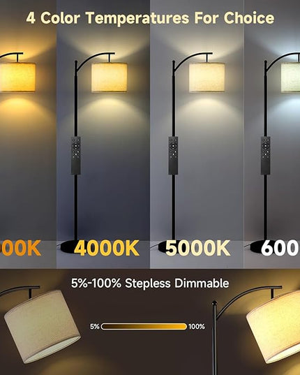 Floor Lamp for Living Room with 4 Color Temperatures, Standing Lamp with Adjustable Linen Shade， Remote Control and Stepless Dimmable tall lamp for Bedroom, Office，9W Bulb Included（Black） - LeafyLoom