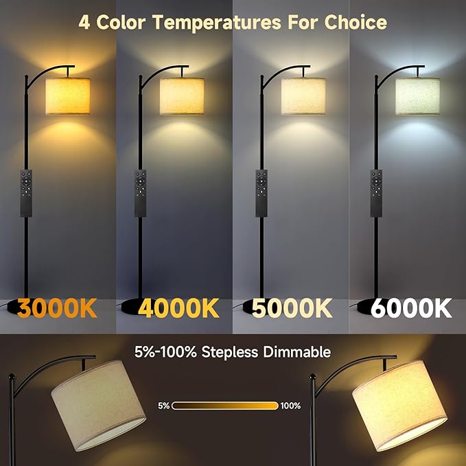 Floor Lamp for Living Room with 4 Color Temperatures, Standing Lamp with Adjustable Linen Shade， Remote Control and Stepless Dimmable tall lamp for Bedroom, Office，9W Bulb Included（Black） - LeafyLoom