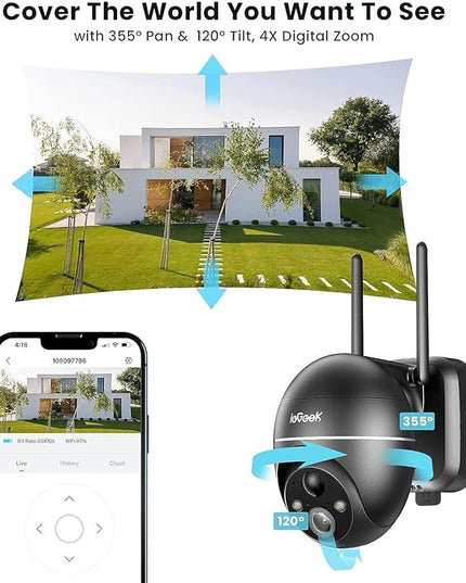 ieGeek 5MP Security Cameras Wireless Outdoor, Solar Outdoor Security Cameras System 360° PTZ with Spotlight & Siren, 2.4Ghz Outdoor Cameras for Home Security,Color Night Vision, Compatible with Alexa ieGeek