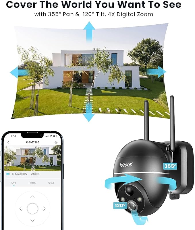 ieGeek 5MP Security Cameras Wireless Outdoor, Solar Outdoor Security Cameras System 360° PTZ with Spotlight & Siren, 2.4Ghz Outdoor Cameras for Home Security,Color Night Vision, Compatible with Alexa ieGeek