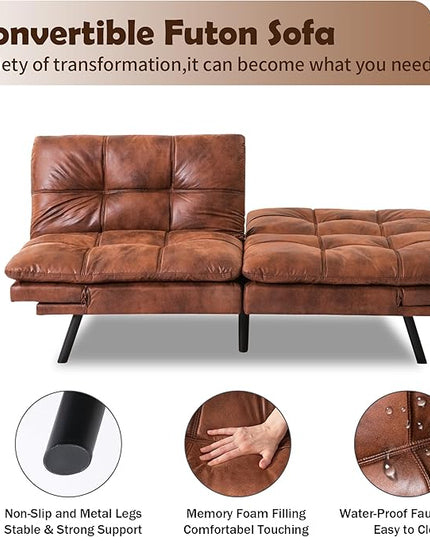 Futon Sofa Bed, Memory Foam Futon Sleeper Sofa Loveseat Convertible Couch Bed for Small Compact Living Spaces,Apartment,Brown Leather - LeafyLoom
