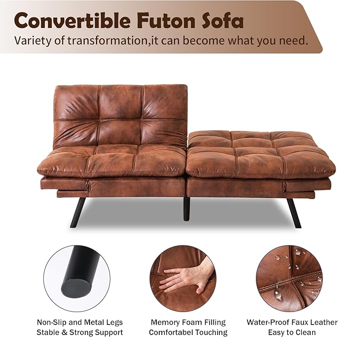 Futon Sofa Bed, Memory Foam Futon Sleeper Sofa Loveseat Convertible Couch Bed for Small Compact Living Spaces,Apartment,Brown Leather - LeafyLoom