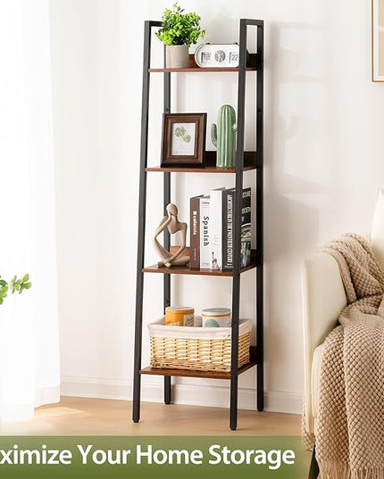 Yoobure Ladder Shelf, 4 Tier Tall Ladder Bookshelf Corner Shelf, Industrial Book Shelf Ladder Bookcase Narrow, Standing Storage Shelves Display Shelf for Bedroom Living Room Office Kitchen Bathroom - LeafyLoom