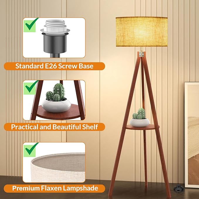 LEPOWER Tripod Floor Lamp, Mid Century Wood Standing Lamp, Modern Design Shelf Floor Lamp for Living Room, Bedroom, Office, Flaxen Lamp Shade with E26 Lamp Base Brown - LeafyLoom